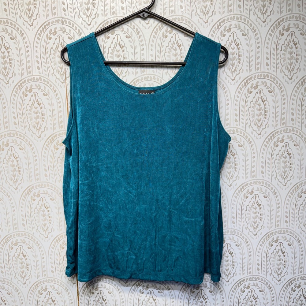 Citiknits Tank Top Women 1X Teal Blue Sleeveless‎ Scoop Neck Shell Stretch 2274